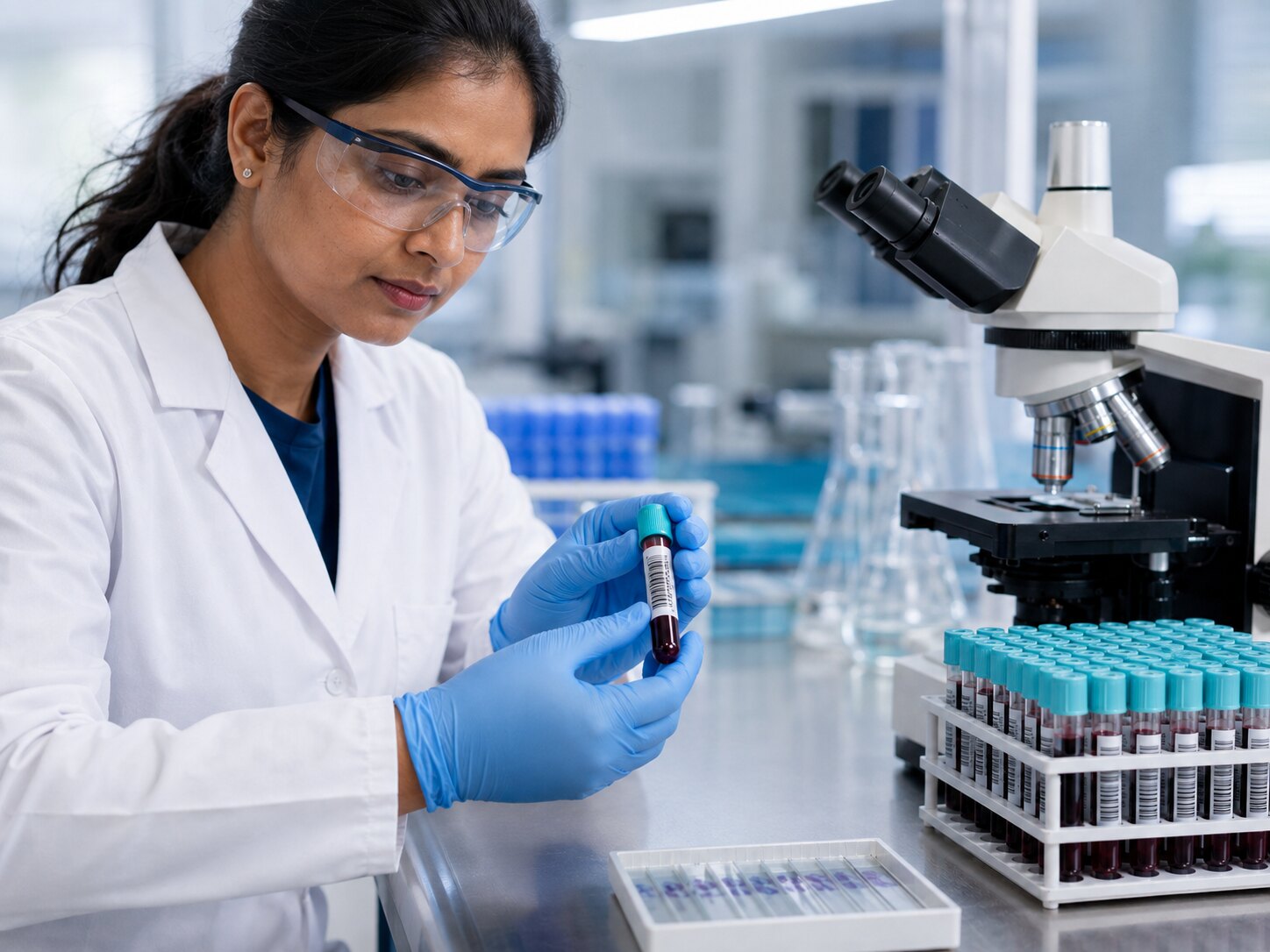 A pathology laboratory technician processing a blood sample